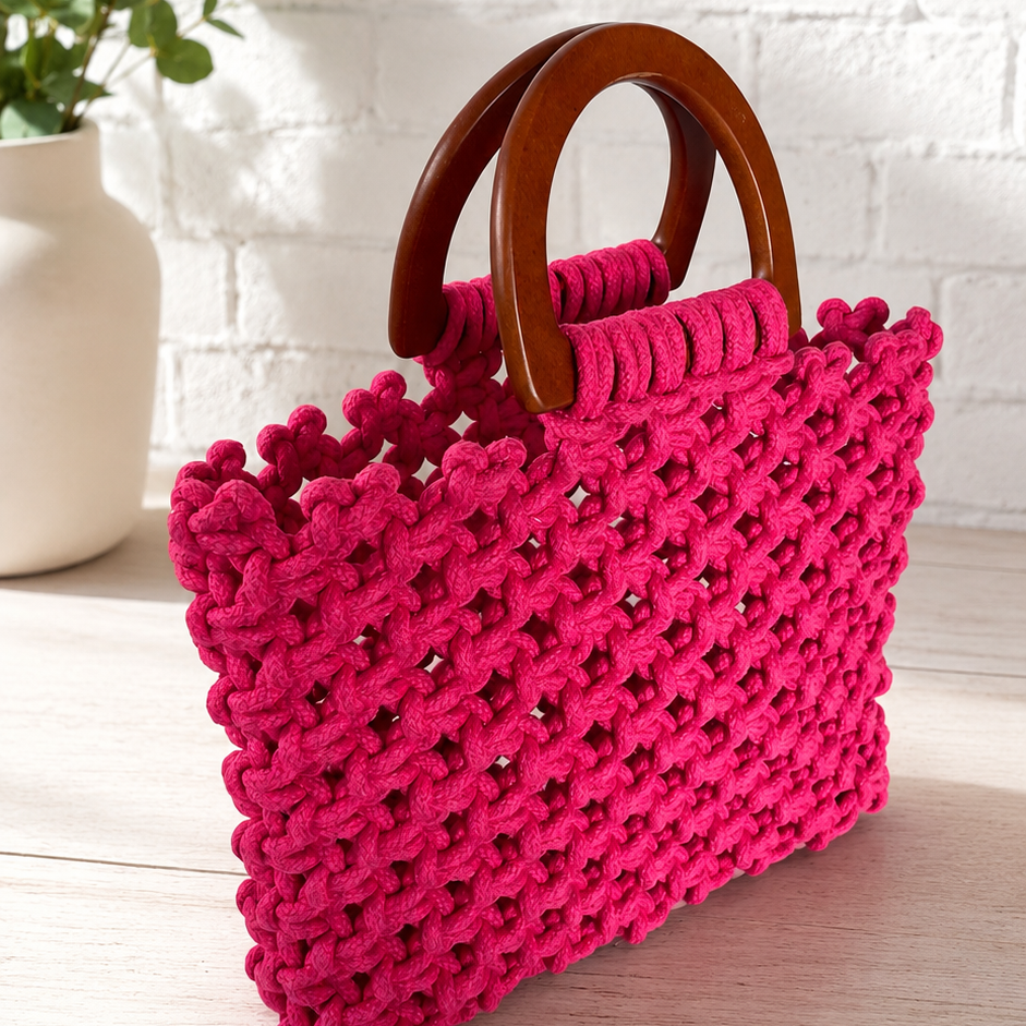 Kit de cartera de macramé color rosa con manijas de madera tejida a mano