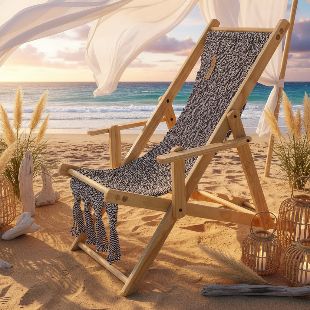 reposera de playa, silla de playa blanco y negro