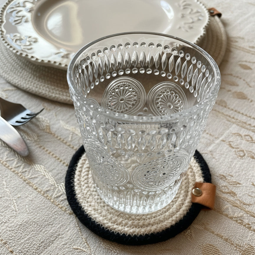 Set de 6 posavasos de Algodón Natural con Borde negro (12 cm)