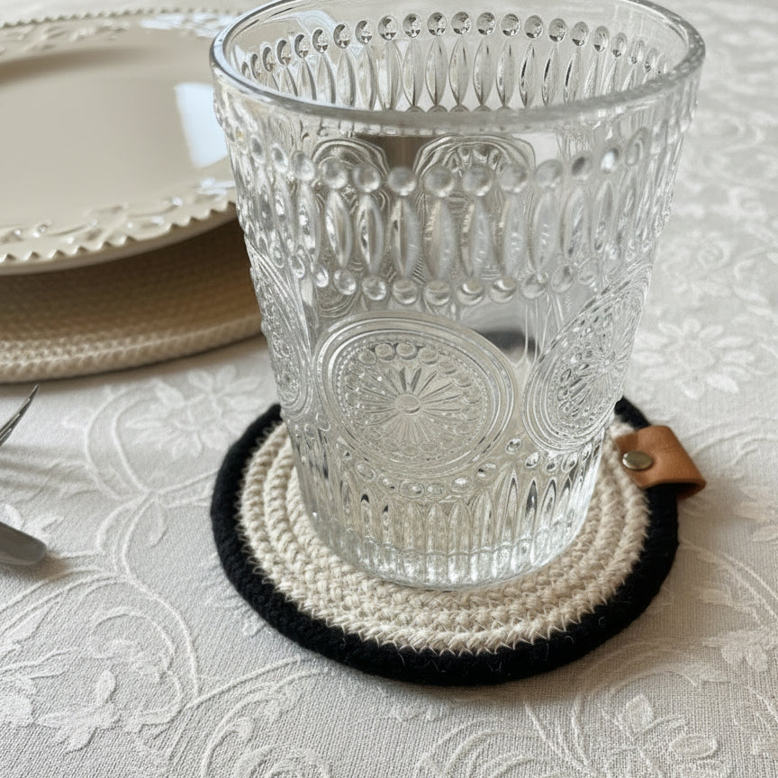 Set de 6 posavasos de Algodón Natural con Borde negro (12 cm)