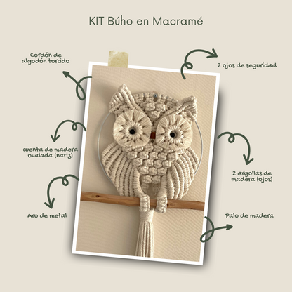 Búho decorativo en macramé tejido en cordón color natural sobre aro metálico y palo de madera
Kit búho en macramé con diseño decorativo en tonos naturales
Proyecto búho en macramé hecho a mano con ojos redondos y detalles en madera